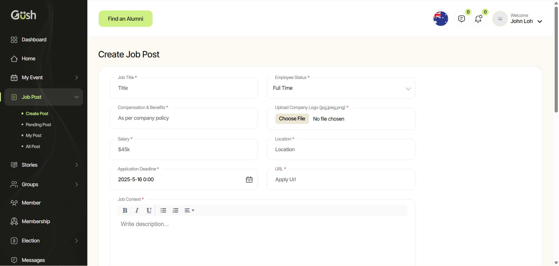 Job Creation Form